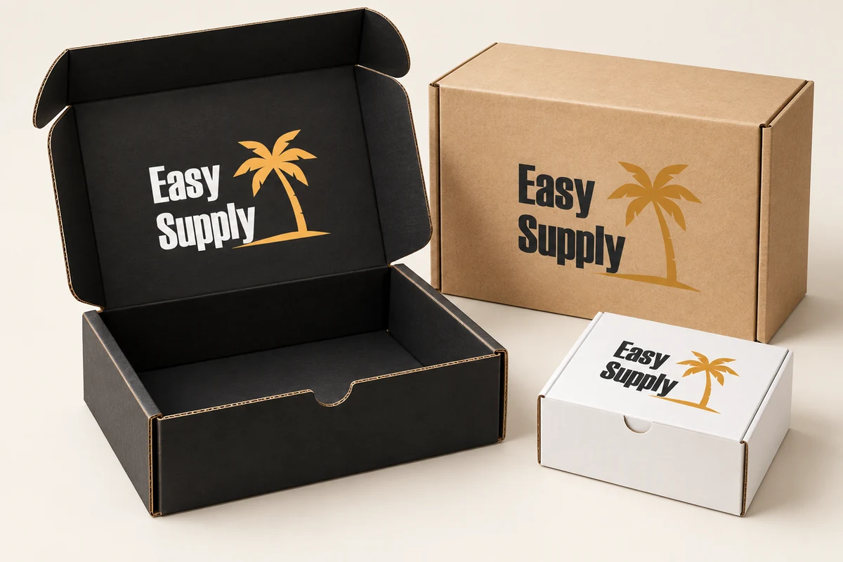Illustrative Easy Supply open mailer and closed branded kraft and white boxes