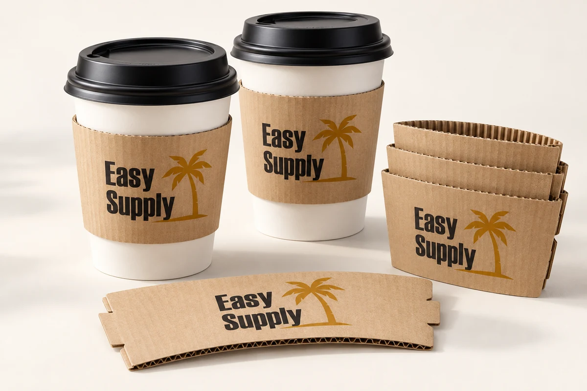 Illustrative Easy Supply corrugated coffee sleeves on plain cups and shown flat