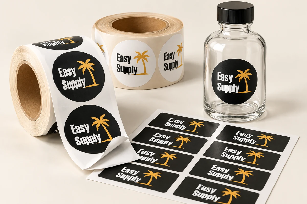 Illustrative Easy Supply labels on rolls, a sheet and a glass bottle