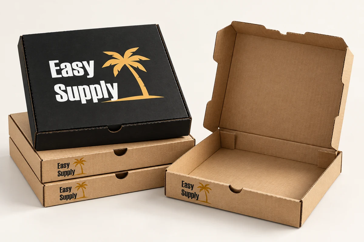 Illustrative Easy Supply branded closed and open corrugated pizza boxes