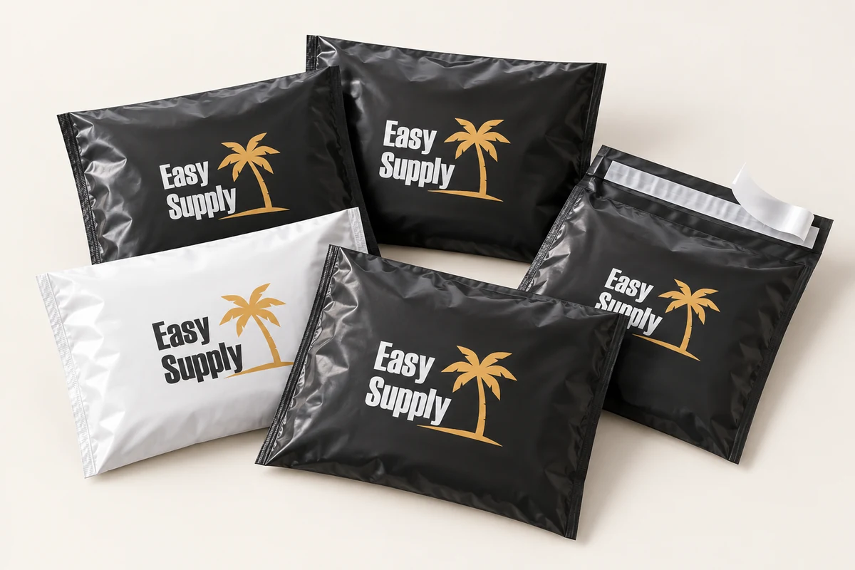 Illustrative Easy Supply branded flexible mailers with an open adhesive flap
