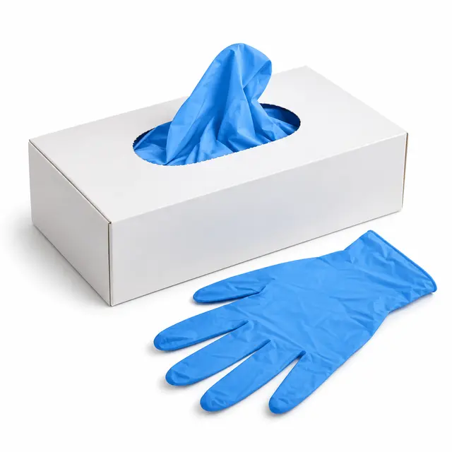 Blue disposable gloves and dispenser box, illustrative product rendering