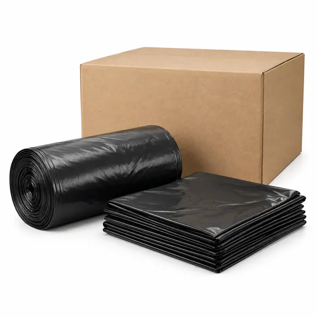 Black trash liners and bulk carton, illustrative product rendering